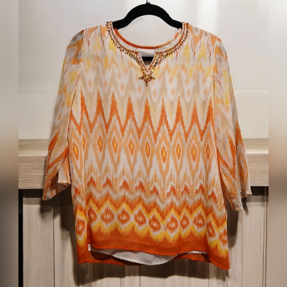 Alfred Dunner Orange White Diamond Womans Beaded Shirt size Medium